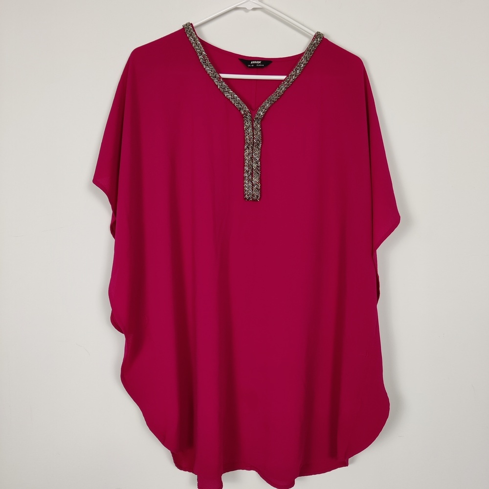 Max Womens Size XL Embellished V-Neck Caftan Top Fuchsia Pink Y2K Barbiecore